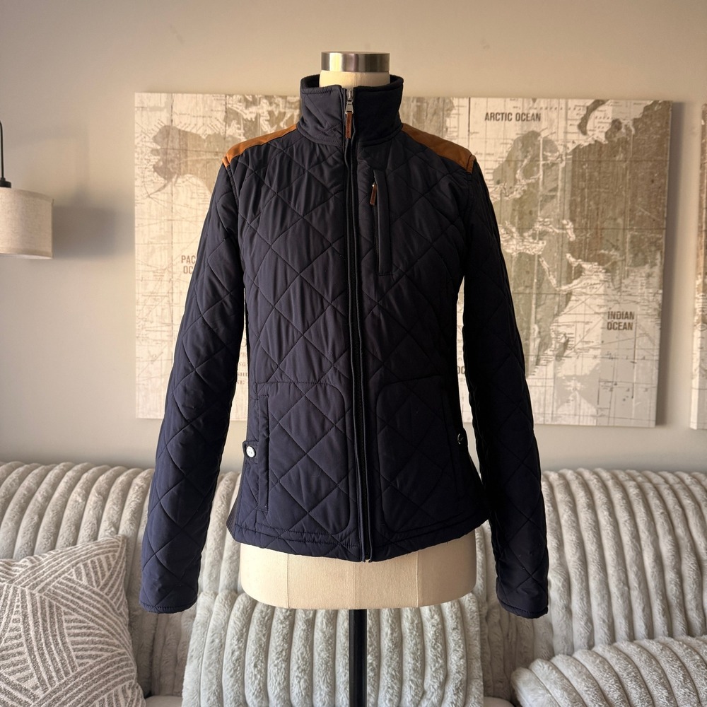 Lauren Ralph Lauren Navy Quilted Jacket XS Lamb‎ Leather Trim Equestrian Coat